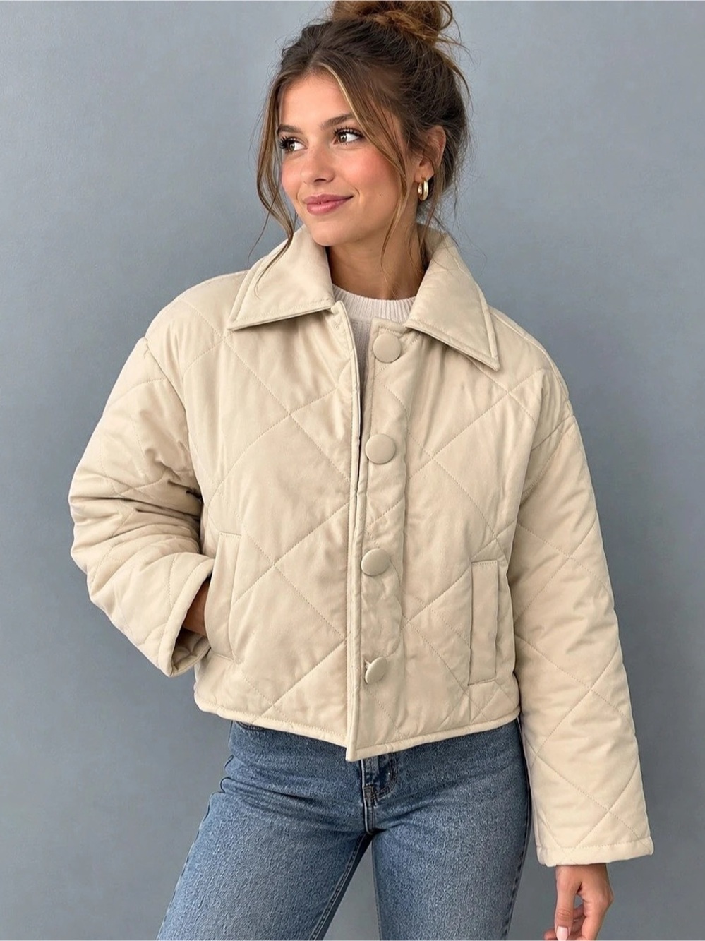 Forever 21 Quilted Puffer Jacket in Cream Size Small NWT